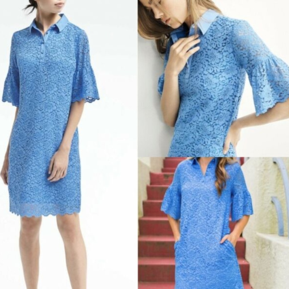 Banana Republic Blue Flutter Sleeve Collared Dress